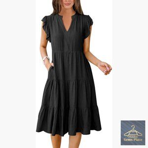 Ruffle Sleeve V Neck Midi Dress Flowy Tiered Boho Summer Casual